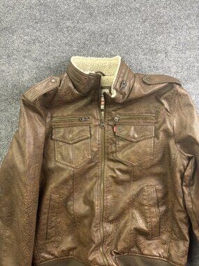 Levi's Jacket Mens XL Brown Faux Leather Sherpa Lined Bomber Full Zip Winter